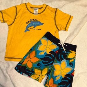 GYMBOREE LITTLE DOLPHIN TEE SHIRT & SWIM TRUNKS 12-18 MONTHS